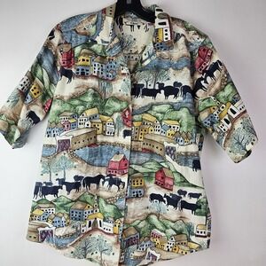 Vintage Orvis Shirt Womens Medium Made in USA Horses Cows Village Farm SS Button